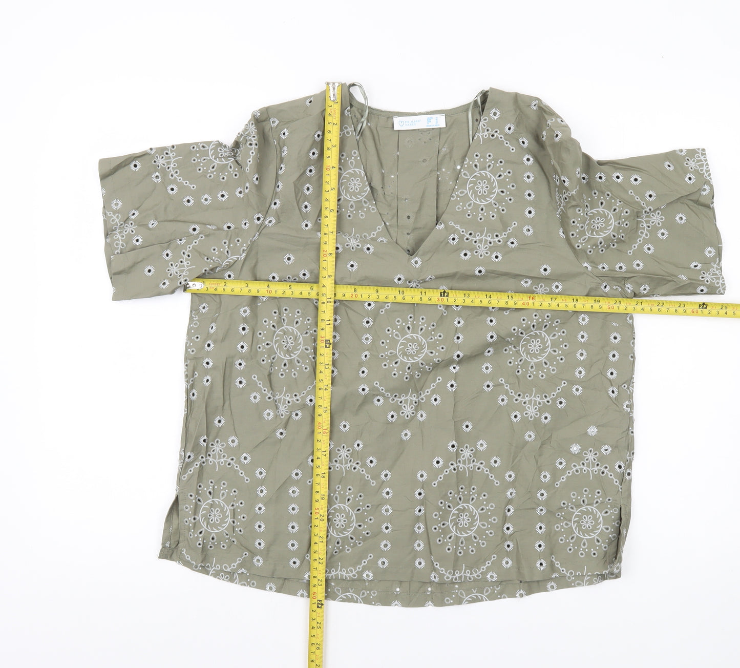 Primark Women’s Green Embroidered Cotton Tunic Blouse UK 14 Short Sleeve