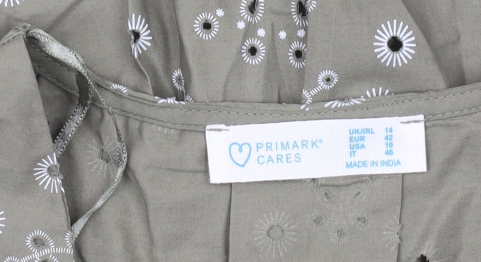 Primark Women’s Green Embroidered Cotton Tunic Blouse UK 14 Short Sleeve