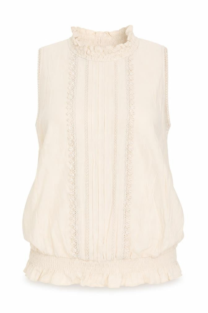 Front view of Oasis women’s beige high neck sleeveless blouse uk 14