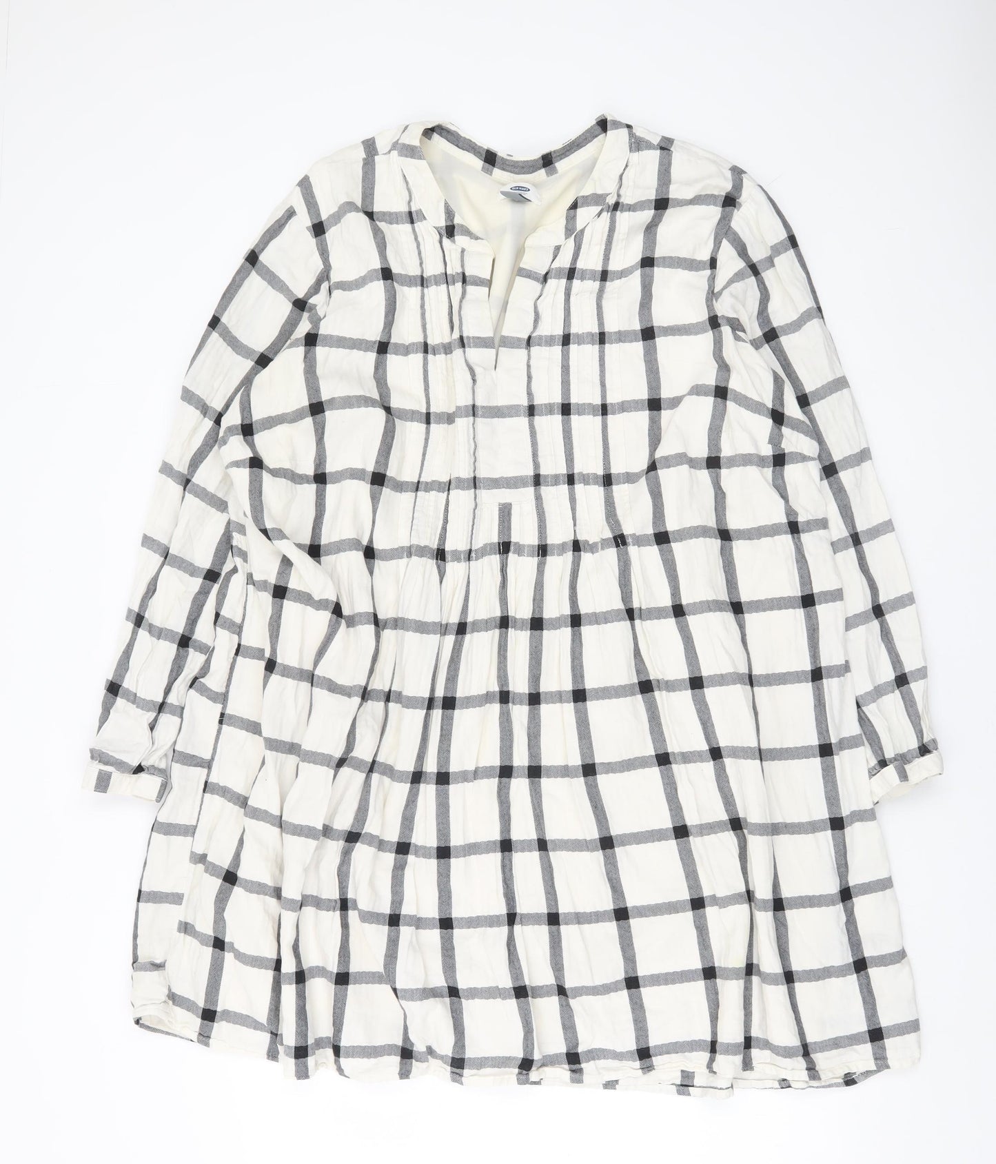 Old Navy Womens White Check 2XL Shift Dress Long Sleeve V-Neck