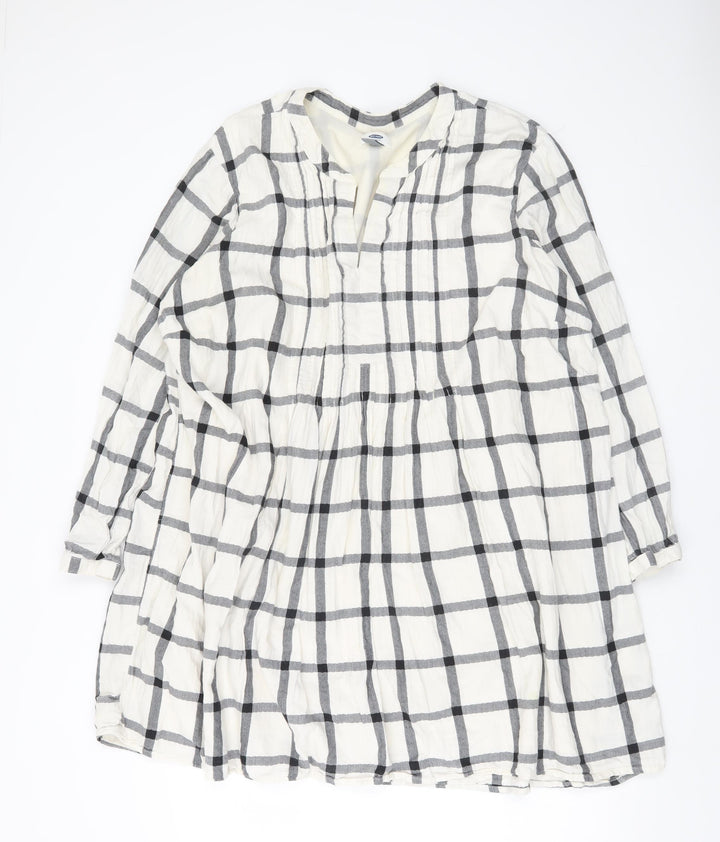 Old Navy Womens White Check 2XL Shift Dress Long Sleeve V-Neck