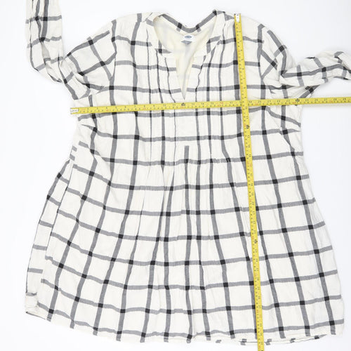 Old Navy Womens White Check 2XL Shift Dress Long Sleeve V-Neck