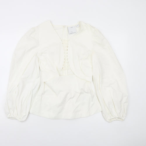 C/MEO Collective Women White Size 10 Puff Sleeve V-Neck Blouse