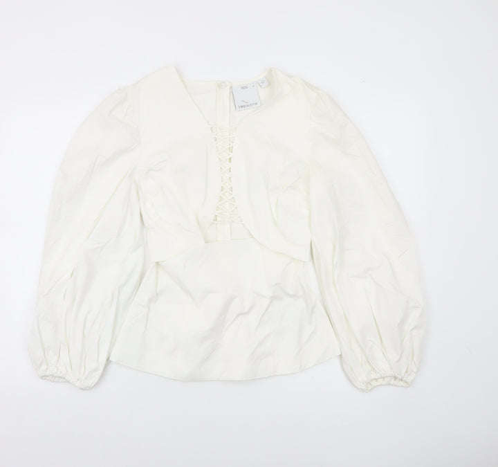 C/MEO Collective Women White Size 10 Puff Sleeve V-Neck Blouse