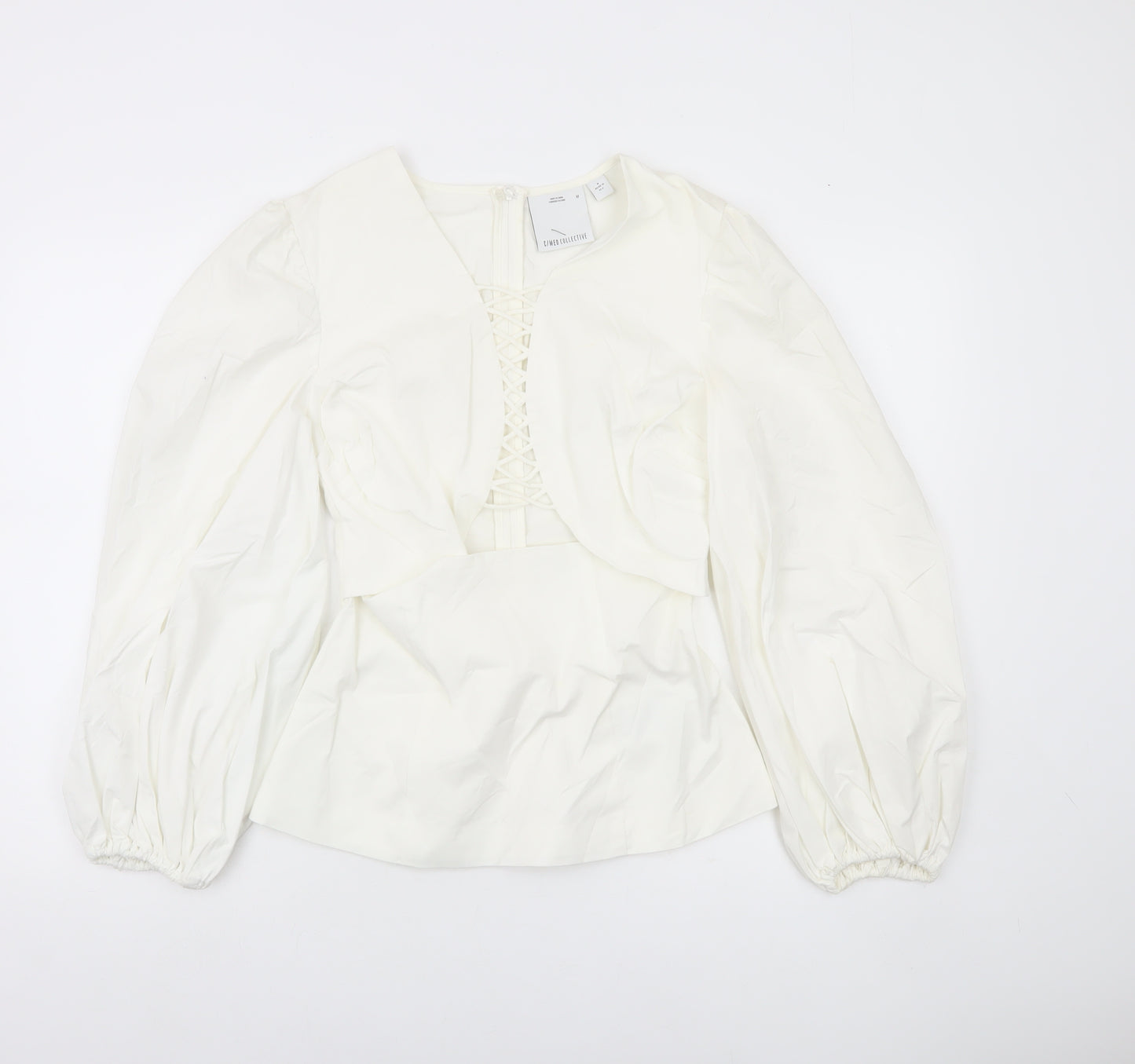 C/MEO Collective Women White Size 10 Puff Sleeve V-Neck Blouse
