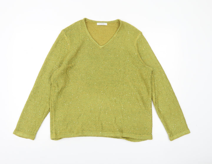Marks and Spencer Womens Green Sequin V-Neck Jumper Size 14