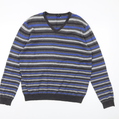 Jaeger Mens Multicoloured Striped Cotton V-Neck Jumper L