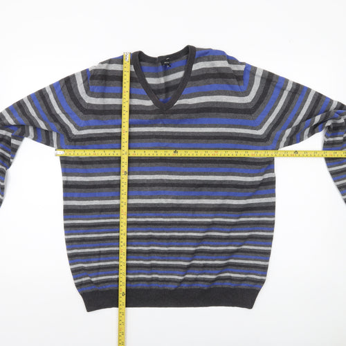 Jaeger Mens Multicoloured Striped Cotton V-Neck Jumper L
