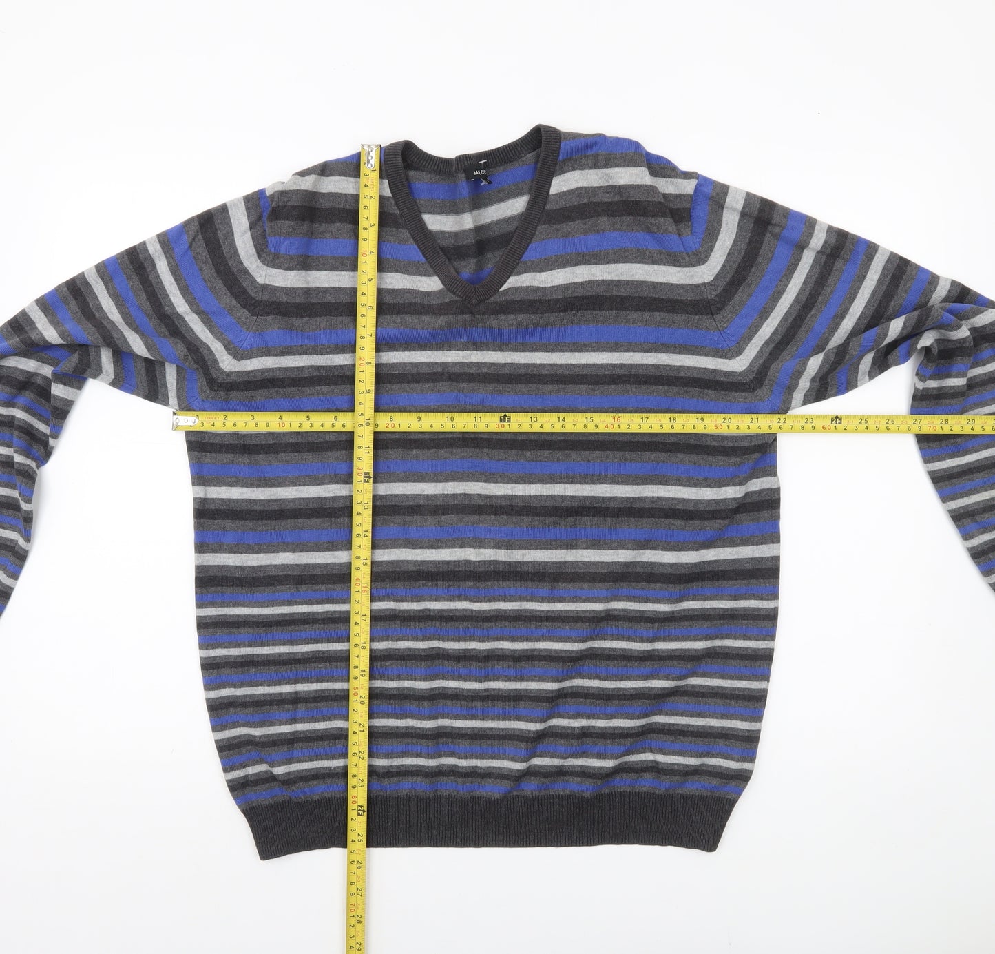 Jaeger Mens Multicoloured Striped Cotton V-Neck Jumper L
