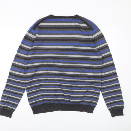 Jaeger Mens Multicoloured Striped Cotton V-Neck Jumper L