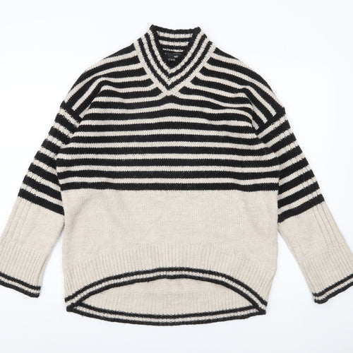 Next Womens Black Beige Striped V-Neck Pullover Jumper Size M