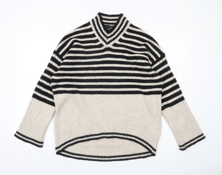 Next Womens Black Beige Striped V-Neck Pullover Jumper Size M