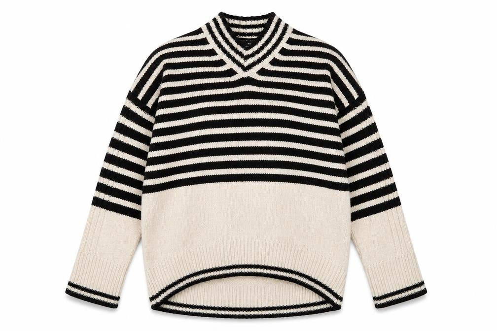 Front view of Next women’s black beige striped v-neck jumper, size M