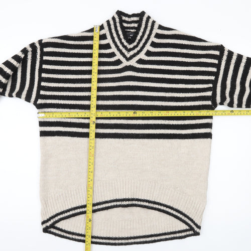 Next Womens Black Beige Striped V-Neck Pullover Jumper Size M