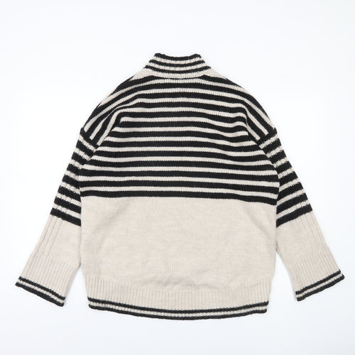 Next Womens Black Beige Striped V-Neck Pullover Jumper Size M