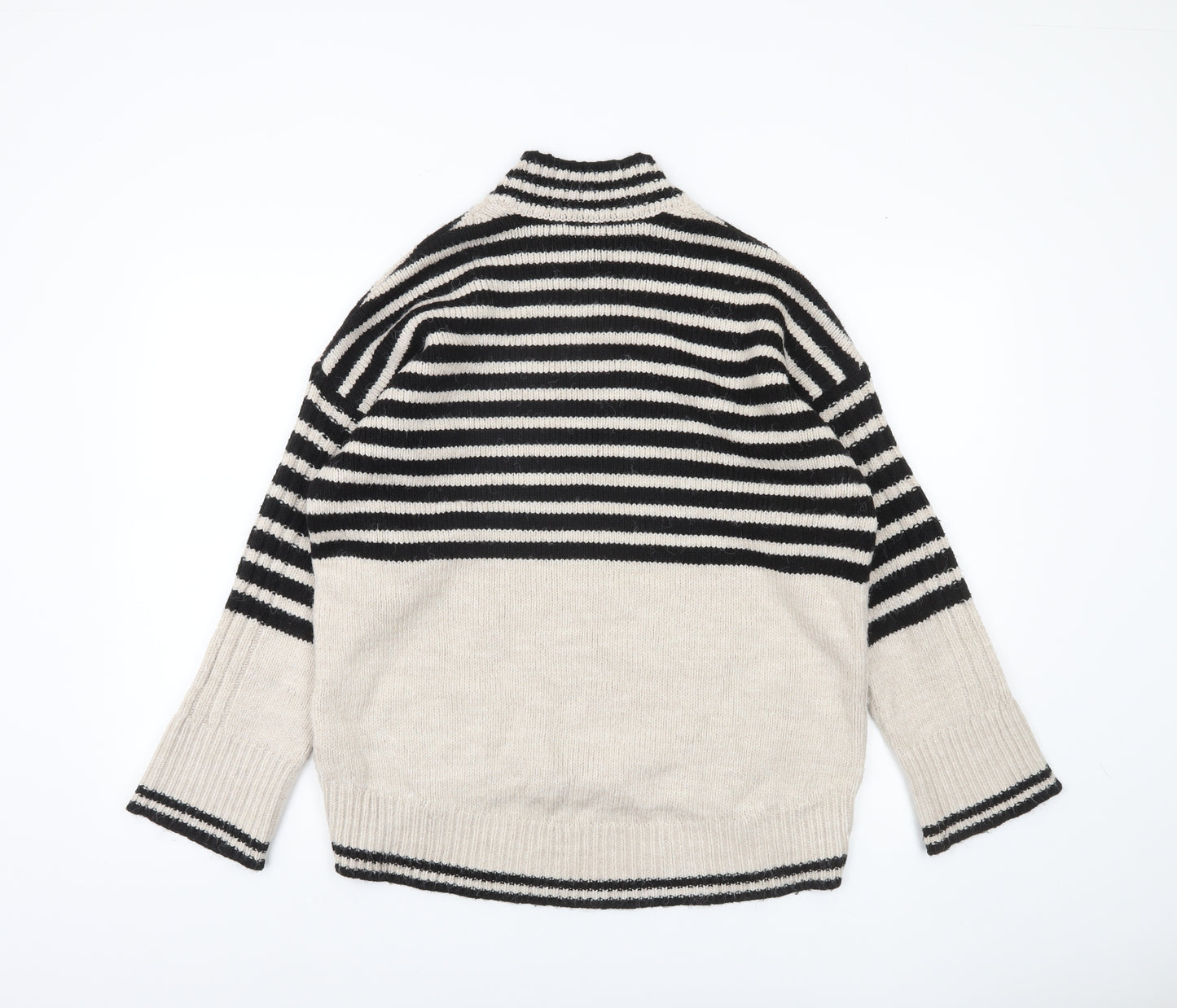 Next Womens Black Beige Striped V-Neck Pullover Jumper Size M