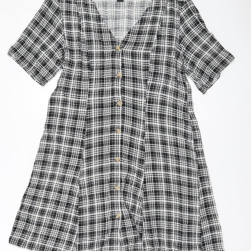 Monki Women’s Black Check Shirt Dress L Viscose Short Sleeve