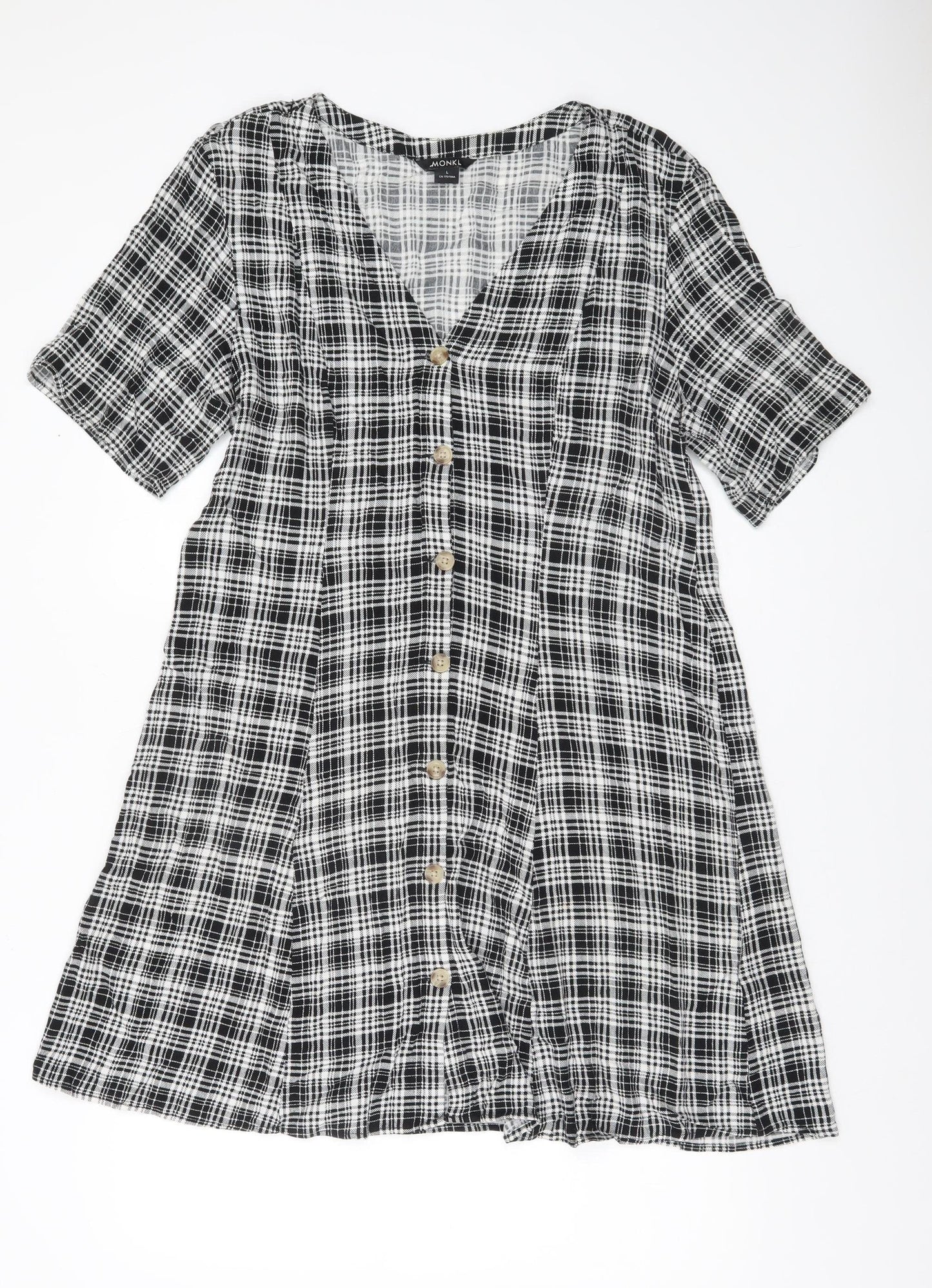 Monki Women’s Black Check Shirt Dress L Viscose Short Sleeve