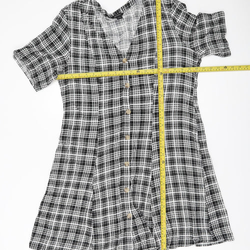 Monki Women’s Black Check Shirt Dress L Viscose Short Sleeve
