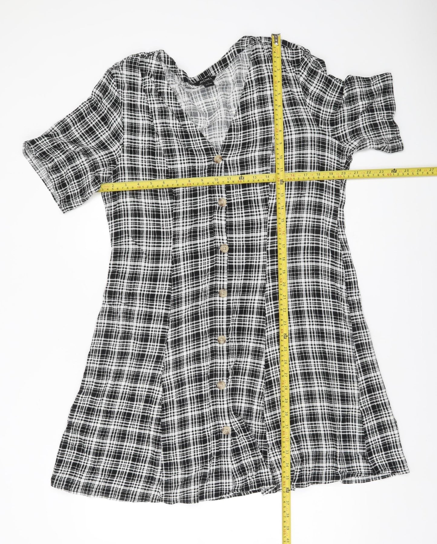 Monki Women’s Black Check Shirt Dress L Viscose Short Sleeve