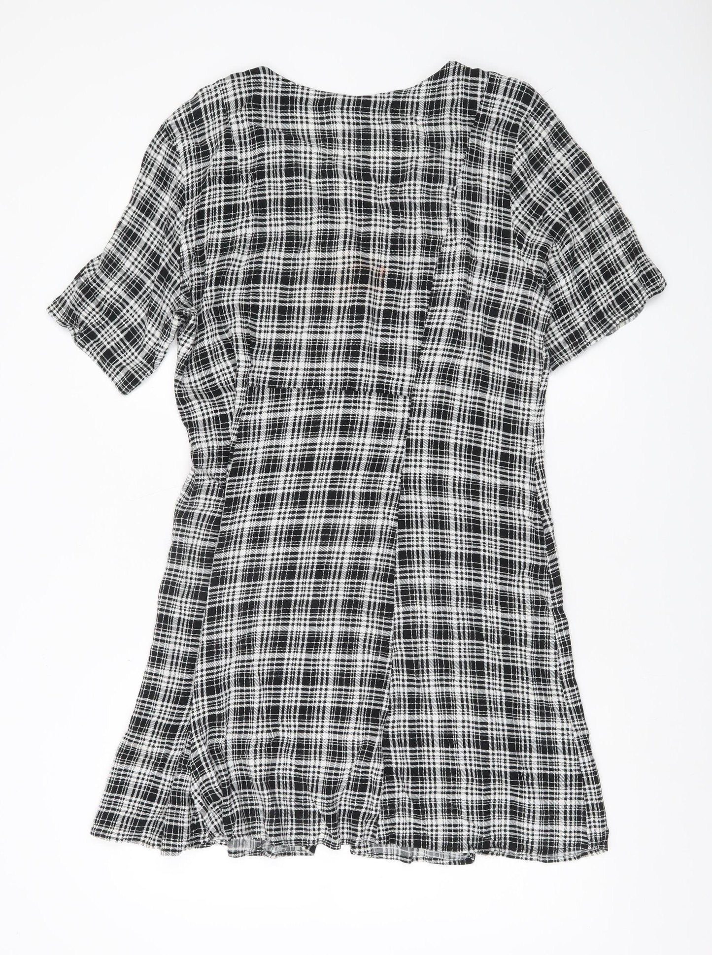 Monki Women’s Black Check Shirt Dress L Viscose Short Sleeve