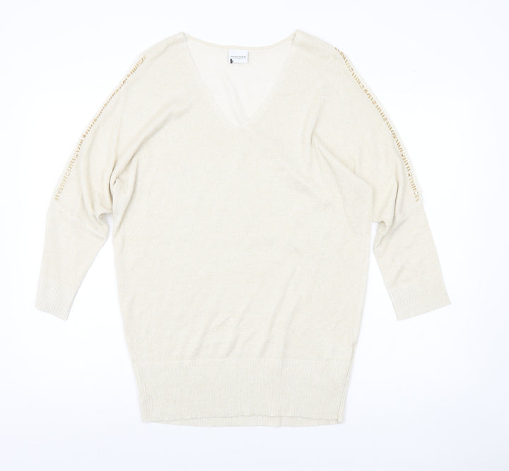 Together Womens Beige V-Neck Jumper Size 14 3/4 Sleeve Knit