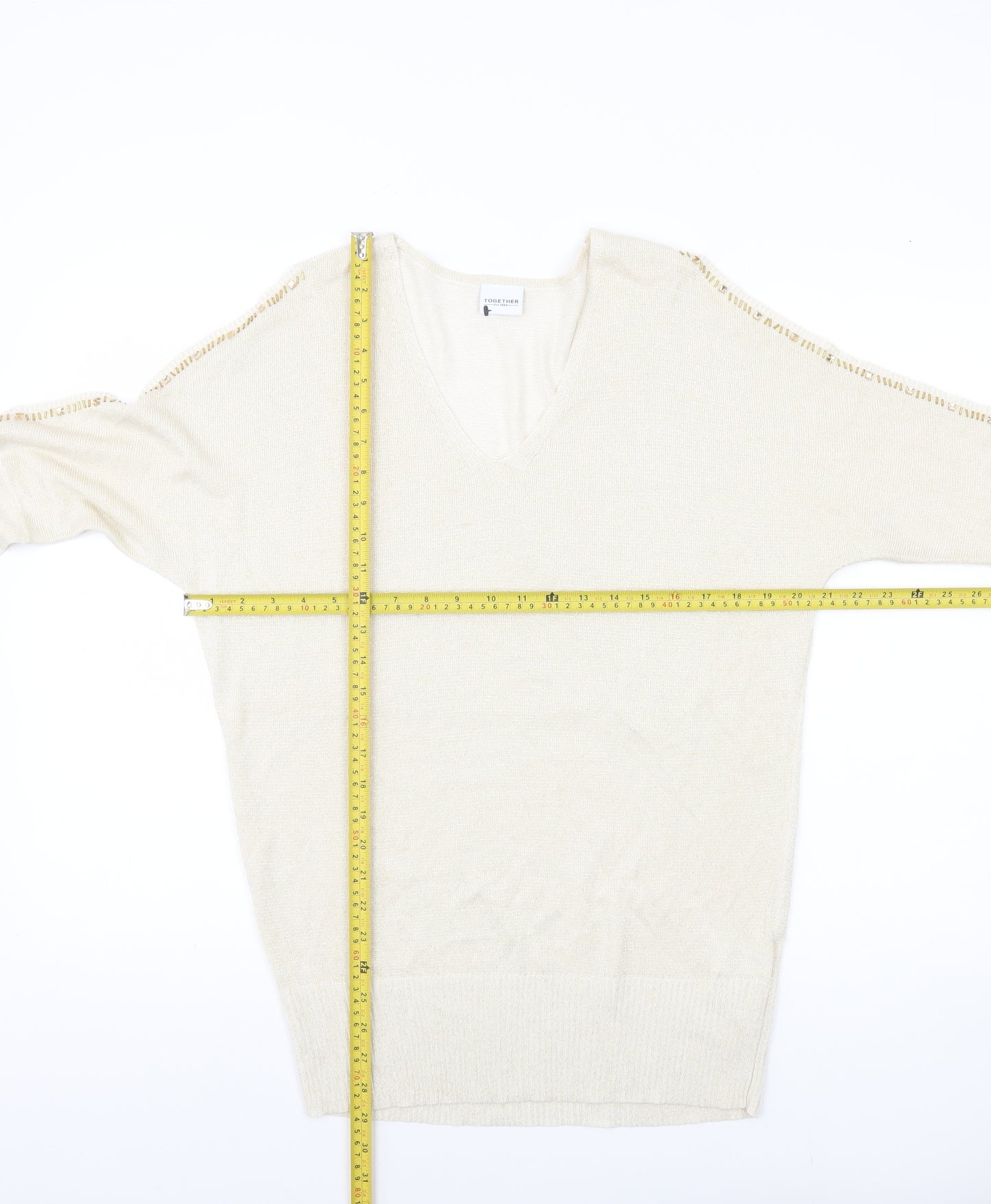 Together Womens Beige V-Neck Jumper Size 14 3/4 Sleeve Knit