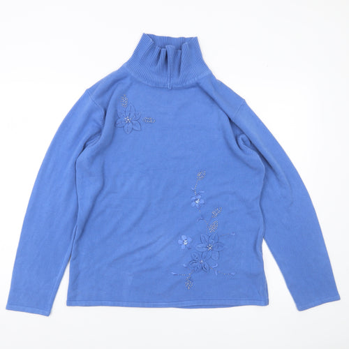 Dixie Womens Blue Roll Neck Floral Embroidered Jumper L