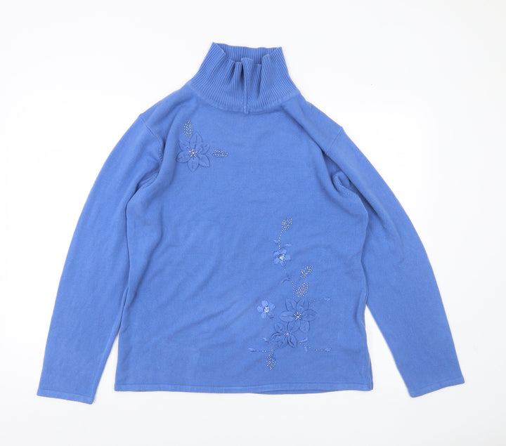 Dixie Womens Blue Roll Neck Floral Embroidered Jumper L
