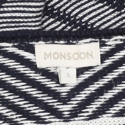 Monsoon Womens Black White L Cardigan Geometric Knit Open Front