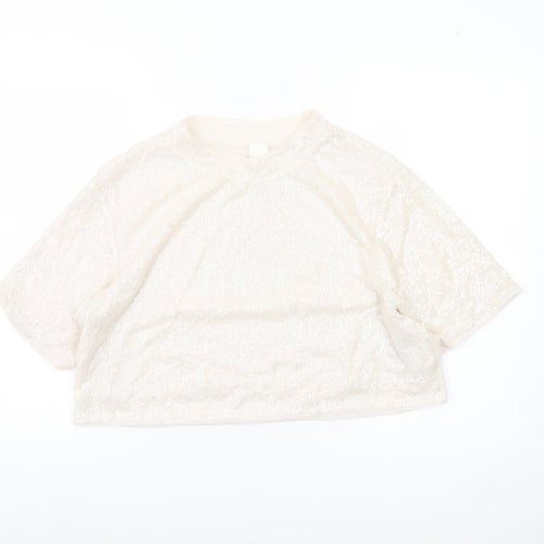 H&M Women Ivory Sequin Cropped T-Shirt Size 14 Party Top