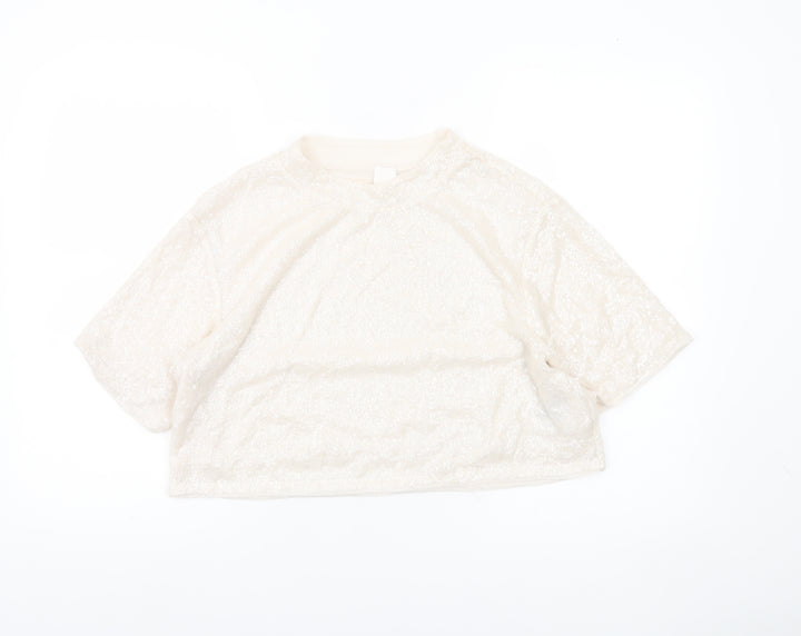 H&M Women Ivory Sequin Cropped T-Shirt Size 14 Party Top