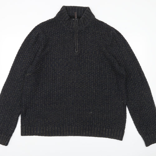 Tu Mens Black L Waffle-Knit 1/4 Zip Pullover Jumper