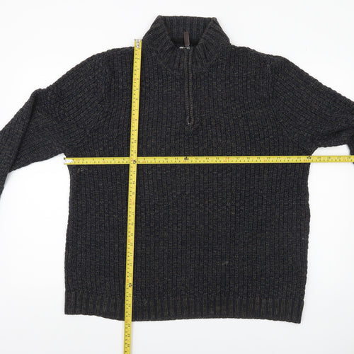 Tu Mens Black L Waffle-Knit 1/4 Zip Pullover Jumper