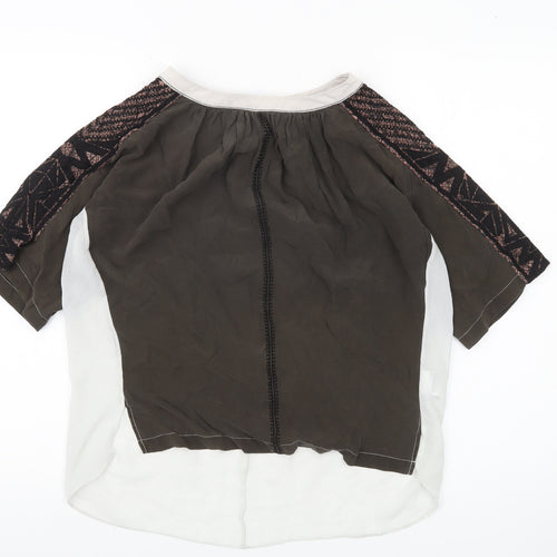 Karen Millen Womens Brown Silk Boho Blouse UK 12 Geometric Embroidered