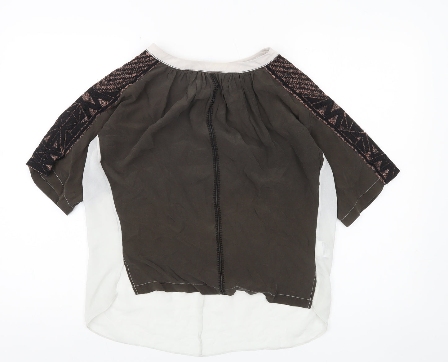 Karen Millen Womens Brown Silk Boho Blouse UK 12 Geometric Embroidered