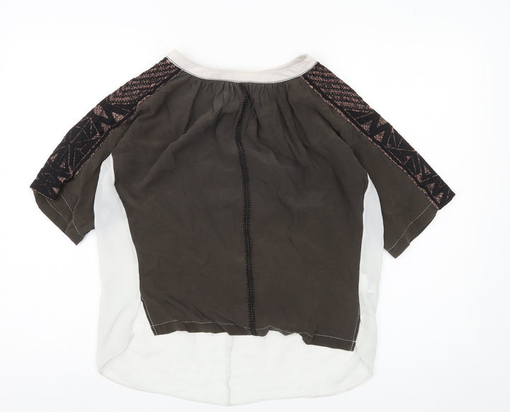 Karen Millen Womens Brown Silk Boho Blouse UK 12 Geometric Embroidered