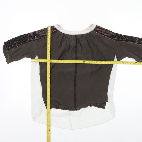 Karen Millen Womens Brown Silk Boho Blouse UK 12 Geometric Embroidered