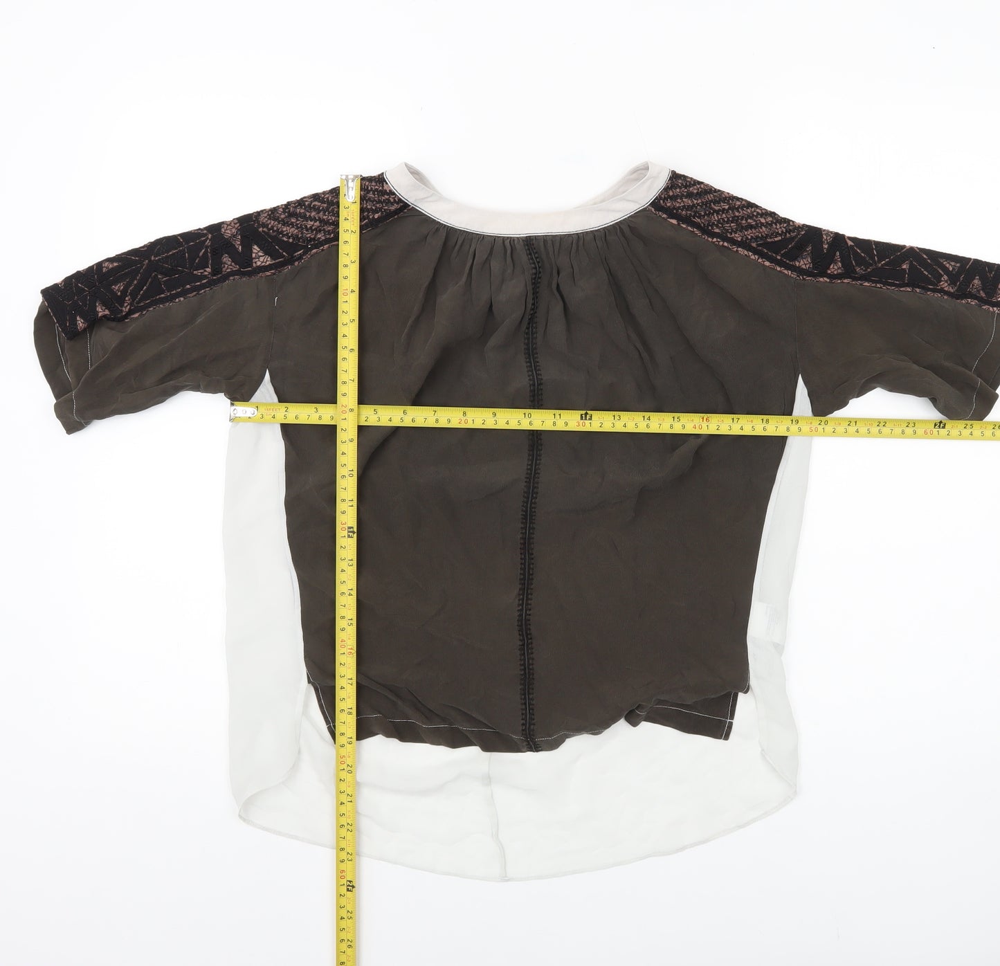 Karen Millen Womens Brown Silk Boho Blouse UK 12 Geometric Embroidered