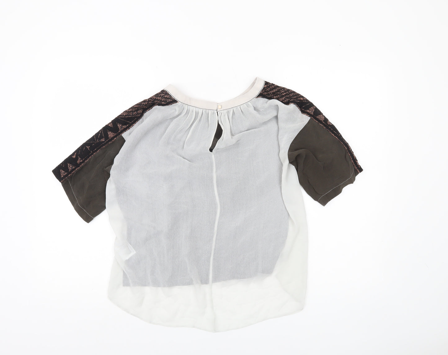 Karen Millen Womens Brown Silk Boho Blouse UK 12 Geometric Embroidered