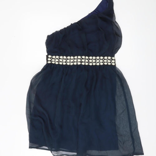 Miso Women’s Blue One Shoulder Beaded Cocktail Mini Dress Size 12