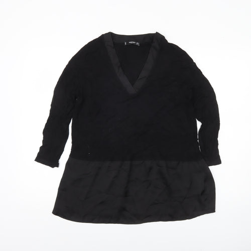 Mango Women Black Tunic Blouse V-Neck Size 8 3/4 Sleeve