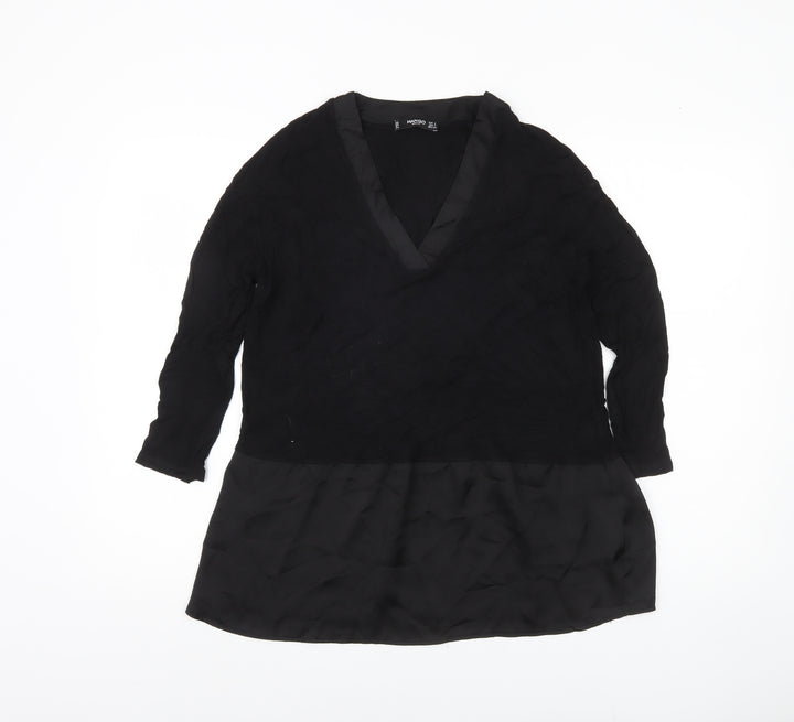 Mango Women Black Tunic Blouse V-Neck Size 8 3/4 Sleeve