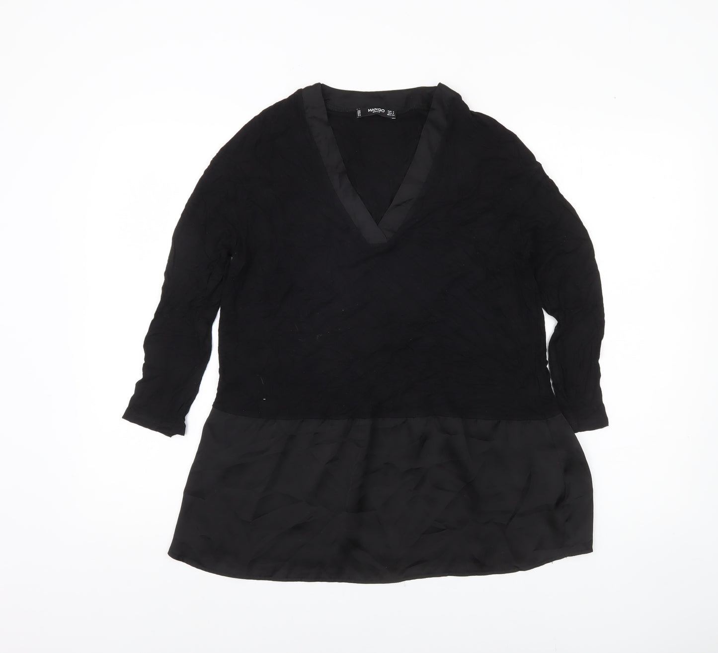 Mango Women Black Tunic Blouse V-Neck Size 8 3/4 Sleeve