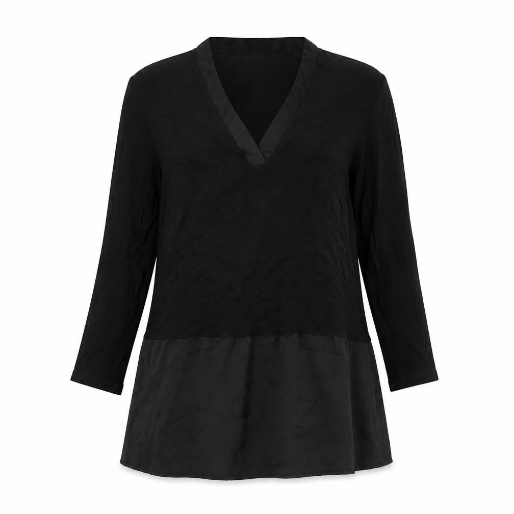Front view of Mango Women Black Tunic Blouse V-Neck, size 8, 3/4 Sleeve