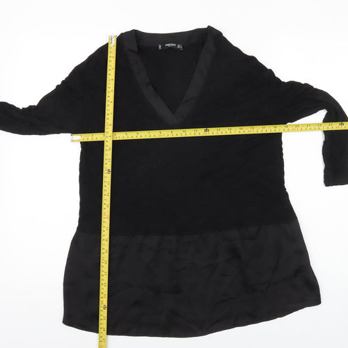 Mango Women Black Tunic Blouse V-Neck Size 8 3/4 Sleeve