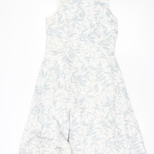 Papaya Women’s White Blue Floral Linen Blend A-Line Dress UK 10