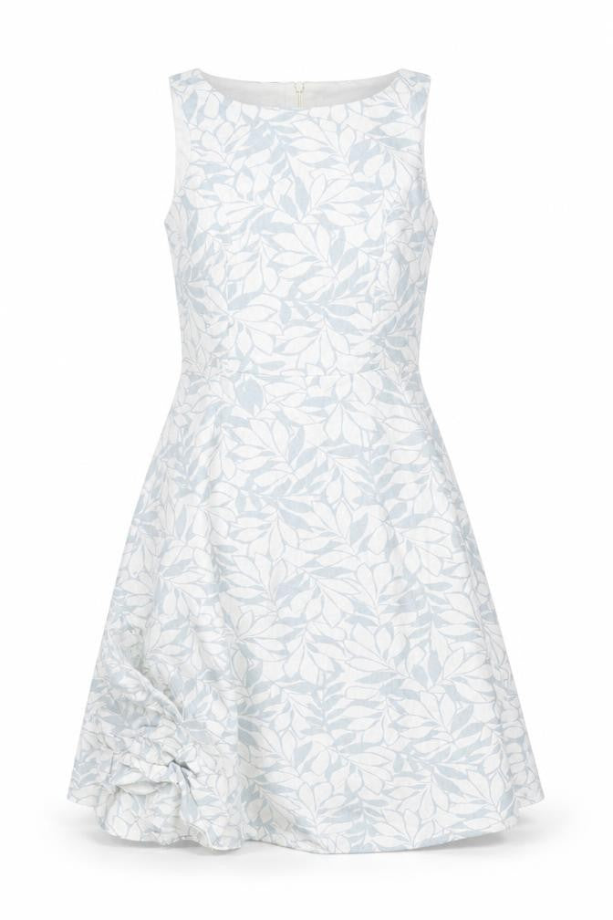 Papaya Women’s White Blue Floral Linen Blend A-Line Dress UK 10