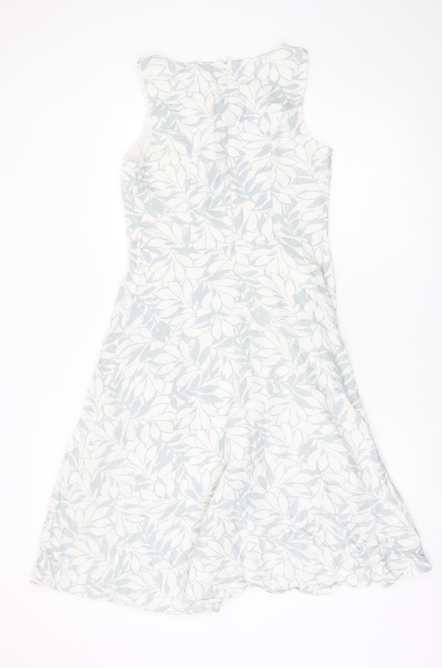 Papaya Women’s White Blue Floral Linen Blend A-Line Dress UK 10