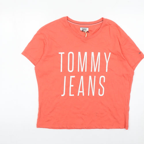 Tommy Jeans Women Orange S Cotton Crew Neck Logo T-Shirt